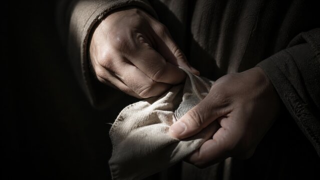 Man hands holding silver coin wrapped in cloth. Biblical parable of the minas and buried talent from gospel of luke. Fear stewardship and judgement concept for faith illustration