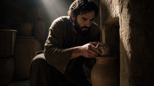 Man hiding money bag in clay jar inside ancient stone house. Biblical parable of the mina and fearful servant who buried talent. Faith stewardship and responsibility concept