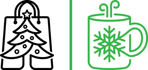 Naklejka premium Christmas shopping bag with tree and winter mug with snowflake line icons vector set for holiday retail and seasonal branding