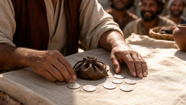Man counting ancient silver coin with leather pouch on table. Biblical parable of talent and mina stewardship diligence and faithful investment concept from gospel of Luke