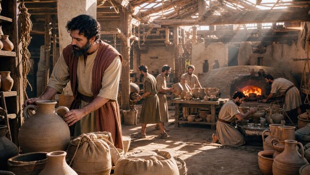 Man potter working diligently in ancient clay workshop with servants making pottery vessels. Biblical parable of minas about faithful stewardship, diligence and responsibility for religious teaching