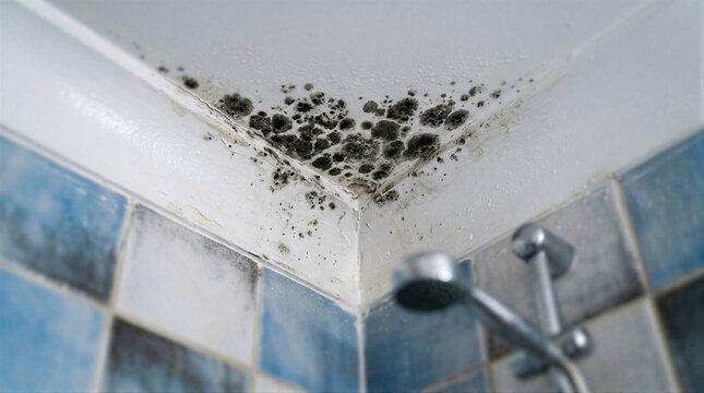 Black mold on bathroom ceiling corner above shower. Damp dirty surface with fungus infestation due to humidity and poor ventilation. Unhealthy home defect and hygiene problem concept