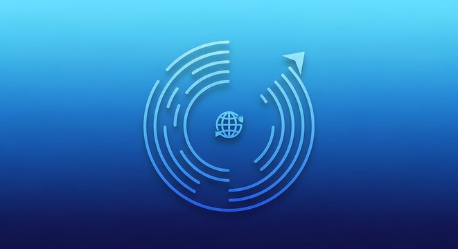 Abstract globe icon with circular lines and upward arrow
