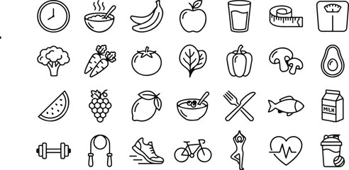 Fototapeta premium Healthy food and diet fitness line icons collection with broccoli