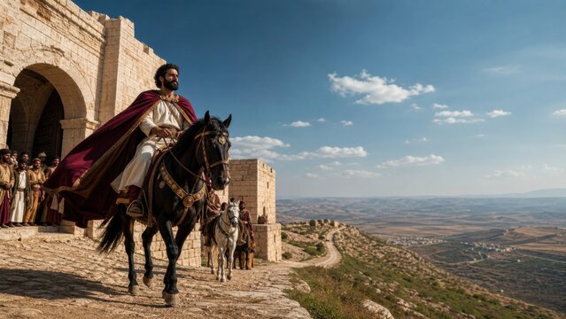 Nobleman on horseback departing through stone city gate for distant country to receive kingdom. Biblical parable of ten minas about stewardship and faithful service. Religious teaching concept