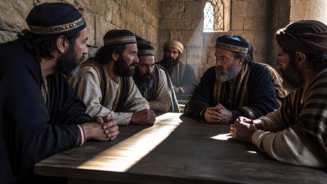 Group of men in biblical robes debating at wooden table inside ancient stone chamber. Citizens opposing nobleman from parable of the minas, Gospel of Luke. Faith and rejection concept