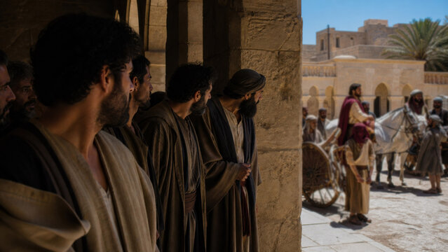 Group of man servant watching nobleman departing on horse carriage to distant country. Biblical parable of ten minas concept. Ancient history near Jerusalem