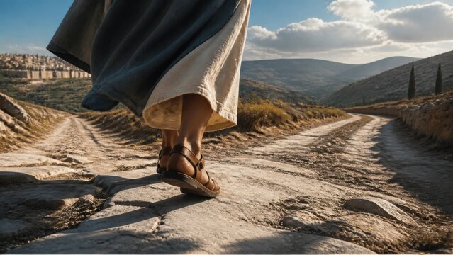 Man walking in sandals on ancient stone road toward Jerusalem. Biblical journey and pilgrimage concept illustrating parable of the minas and expectation of the kingdom of God