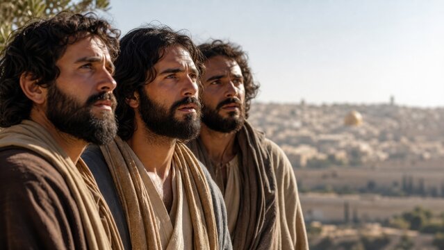 Three bearded men in ancient robes looking toward Jerusalem. Jesus with disciples approaching holy city expecting kingdom of God. Biblical parable of ten minas teaching concept