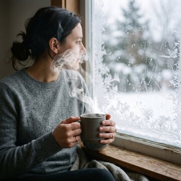 Woman in a cozy sweater holds a steaming mug while gazing thoughtfully through a frosty window at falling snow.