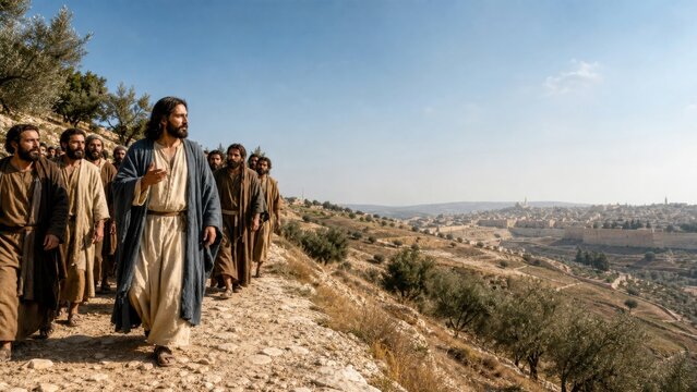 Jesus walking with disciples on hillside road near Jerusalem telling parable. Biblical teaching about kingdom of god and faithful stewardship while approaching city. Christian gospel narrative