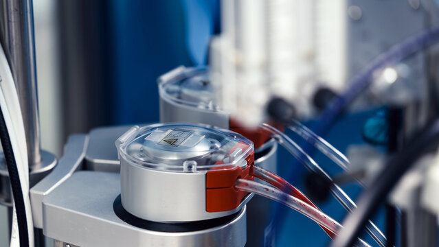 Close-up of a perfusion system used during open-heart surgery in a hospital. Concept extracorporeal circulation and cardiovascular care.