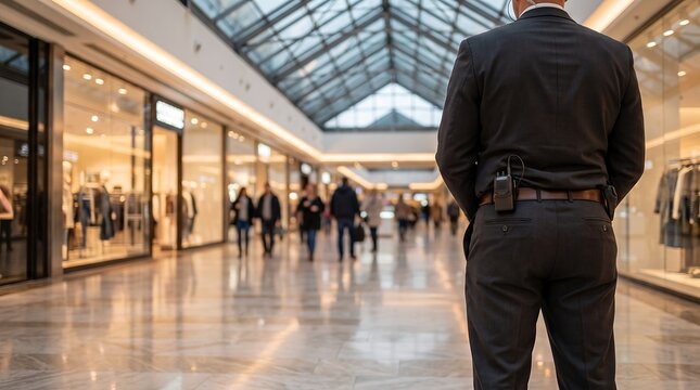Security guard in a suit standing in a shopping mall showcasing professional uniform, walkie talkie on belt and blurred shoppers, concept for retail loss prevention and public safety