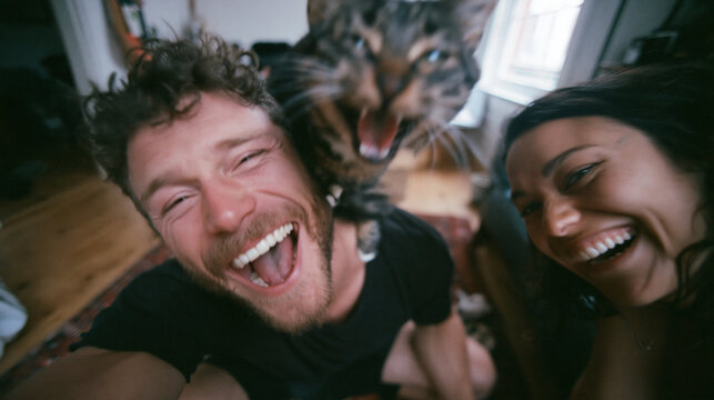 Happy Young Couple Taking Funny Selfie with Cat at Home