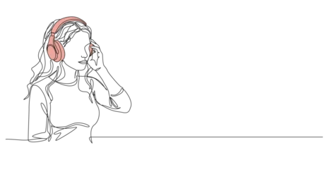 continuous line drawing of young woman wearing headphones listening to music, podcast or audio book, line art vector illustration © Christian Horz