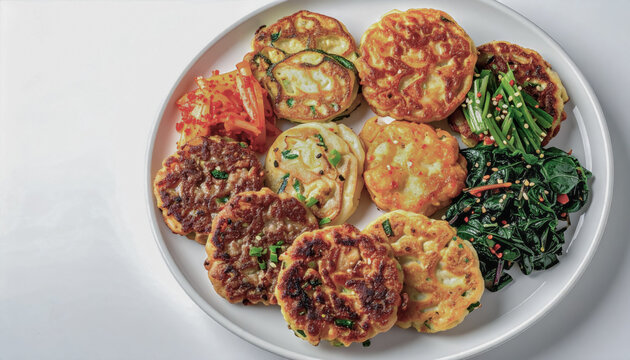 Korean Holiday Food Platter with Assorted Jeon and Side Dishes with Copy Space