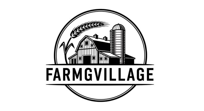 Black and white farm village logo with barn and wheat