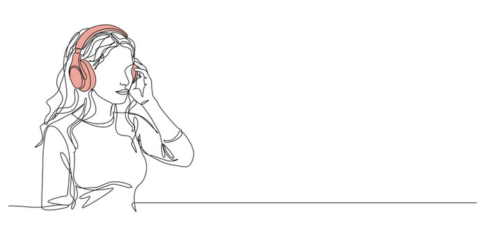 continuous line drawing of young woman wearing headphones listening to music, podcast or audio book, line art vector illustration