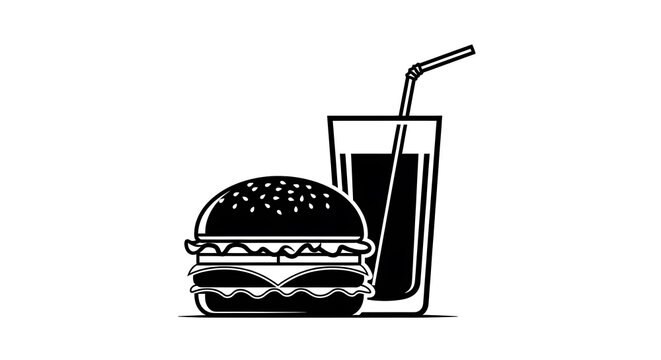 Black and white vector icon of hamburger and soda drink
