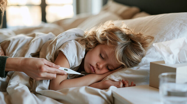 Close-up of a sick little child sleeping in bed while her mother holds a digital thermometer to check her fever at home.