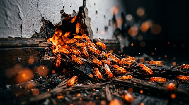 Termite swarm crawling out of damaged wooden baseboard showcasing insect infestation, cracked concrete wall and wood destruction, concept for pest control and home maintenance
