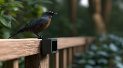 Naklejka premium A small bird with gray head and orange breast perches on a wooden fence rail in a green outdoor setting