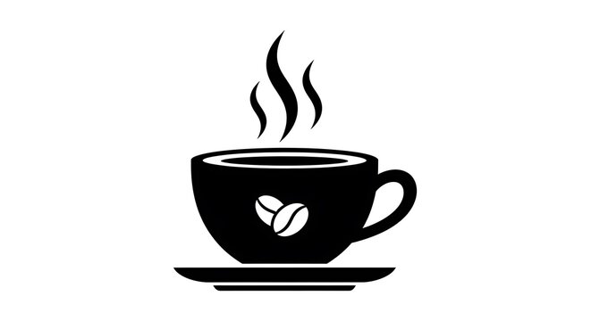 Black steaming coffee cup icon with beans on white background