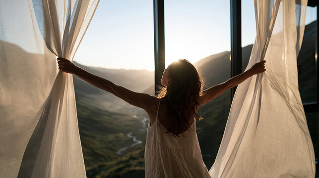 Rear view of a woman opening white curtains in the morning to enjoy a scenic mountain landscape view bathed in warm sunlight.