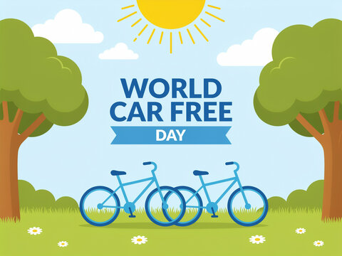 World car free day flat illustration with two blue bicycles parked in sunny park surrounded by green trees environment sustainable transportation sunshine