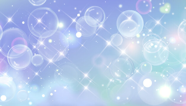 Transparent soap bubbles floating on blue gradient background. Vector realistic banner, sparkling foam and water spheres with iridescent reflections, dreamy pastel backdrop for magic fun design