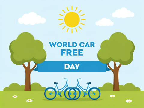 World car free day vector illustration featuring two bicycles on sunny park background with trees and clouds bicycles environment sustainable transportation