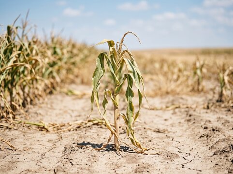 Drought-stricken Cornfield: A lone, withered corn stalk stands brittle in a parched, cracked earth field under a clear blue sky, symbolizing agricultural hardship and environmental distress.