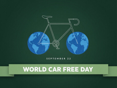 World car free day environmental poster design featuring bicycle and world maps eco friendly transportation environment transport sustainable sustainabilit