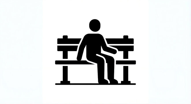 Flat black pictogram of a simple public bench with a minimal human figure sitting comfortably