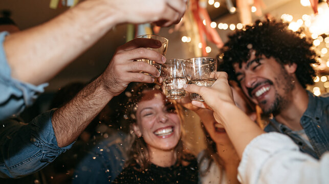 Group of cheerful young friends toasting glasses together, laughing and celebrating at a indoor party with glitter confetti and warm background lights.