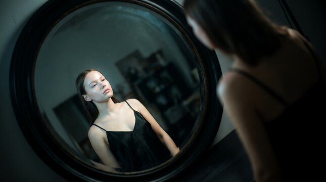 Young woman looking into a round mirror showing thoughtful expression, moody reflection and dark indoor atmosphere, concept for self-reflection and mental awareness