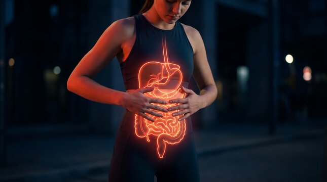 Woman touching her stomach with glowing digestive tract overlay showcasing internal organ anatomy, gut health and stomach pain, concept for medical visualization and healthcare education