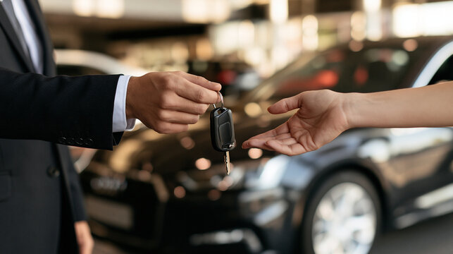 Close-up of a car salesman handing over key to a new buyer inside a modern vehicle showroom with luxury cars in background.