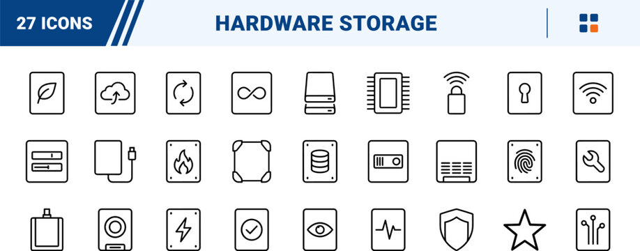 Hardware line icon set. Vector pictograms of drive, storage, memory, and tech elements, thin linear illustration.