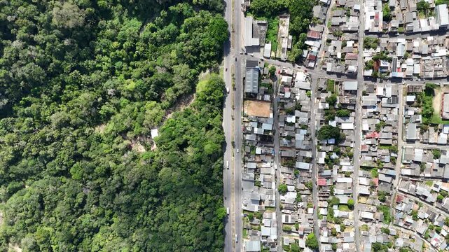 Straight overhead aerial footage capturing the sharp boundary line between a dense Brazilian urban settlement and thick rainforest.