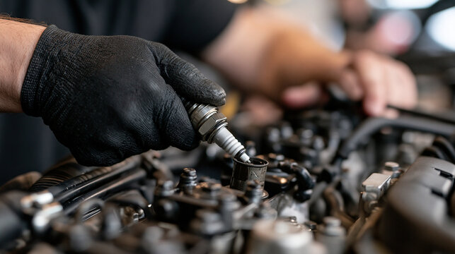 Close-up of a professional mechanic in protective black gloves replacing or installing a new spark plug into a car engine during maintenance service.