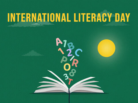 International literacy day concept illustration with open book and floating alphabet letters and numbers green background education learning knowledge