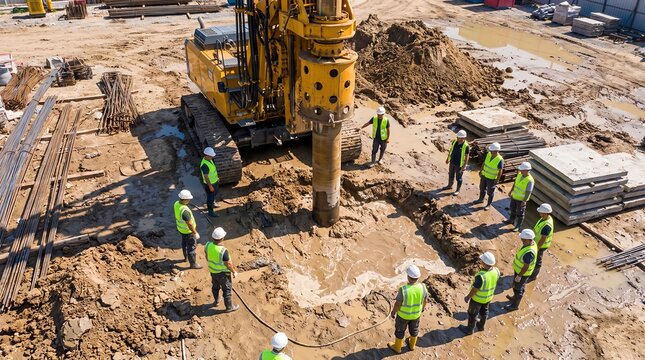 Construction workers and heavy piling rig displaying foundation drilling, safety helmets and muddy ground, concept for civil engineering and site development