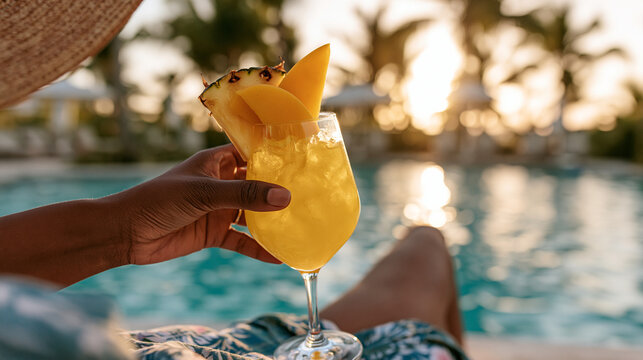 Close-up of a woman's hand holding a glass of yellow tropical fruit juice garnish with pineapple and mango slices by the poolside during sunset resort vacation.