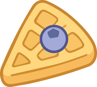 Waffle slice topped with a single blueberry is presented as a simple vector illustration.