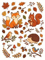 Fototapeta premium Cute Autumn Woodland Animals with Fox, Squirrel, Hedgehog and Birds Clipart