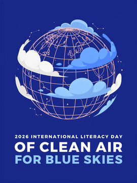 International day of clean air for blue skies graphic poster featuring globe and clouds on dark blue background literacy day graphic design air quality