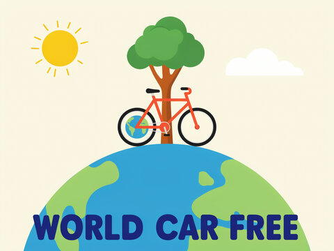 World car free day conceptual flat design vector illustration featuring bicycle tree and sun over planet earth green transport sustainable transport lifestyle