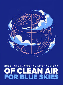 International day of clean air for blue skies greeting card design with wireframe globe and fluffy clouds literacy day blue background graphic design
