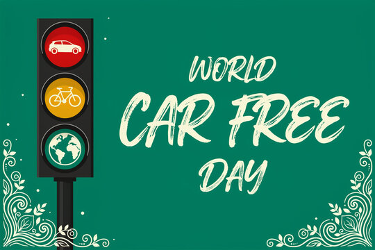 World car free day promotional banner featuring traffic light with icons and decorative floral corner frame green transport eco friendly traffic signal